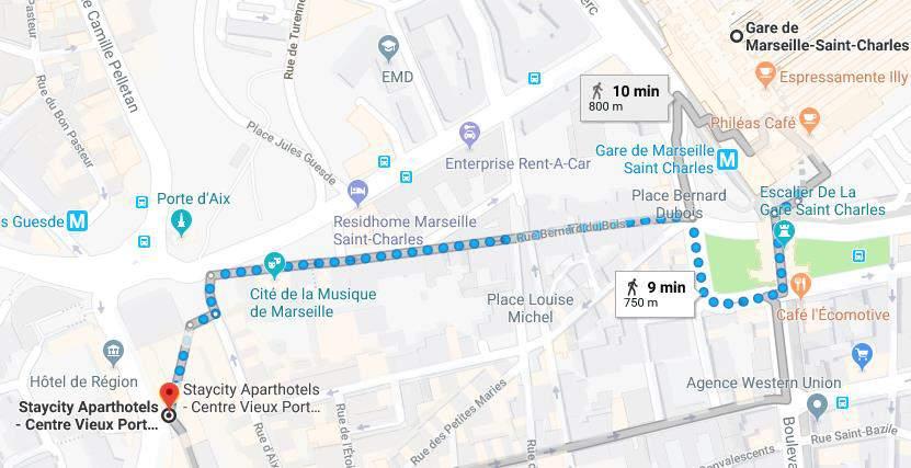 Getting to the Hotel StayCity*** Vieux Port from the Gare (Train Station) de Marseille-Saint-Charles: the Hotel is situated at a 10 minutes walking distance from the main train station of Marseille: