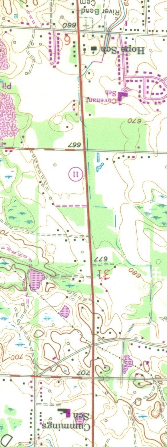 10. What is the elevation of Cummings Sch? a. 630 feet b. 650 feet c. 660 feet d. 677 feet e. 700 feet f. 710 feet g. 730 feet 11. What is the topographic relief between Cummings Sch and Hope Sch? a. 10 feet b.