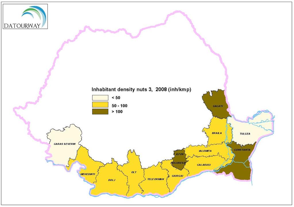 The region density of studied area, excepting Bucharest, is under national value (73.6 inhabitants/km2). This situation is influenced by a low level of rural density, specific to this region (41.