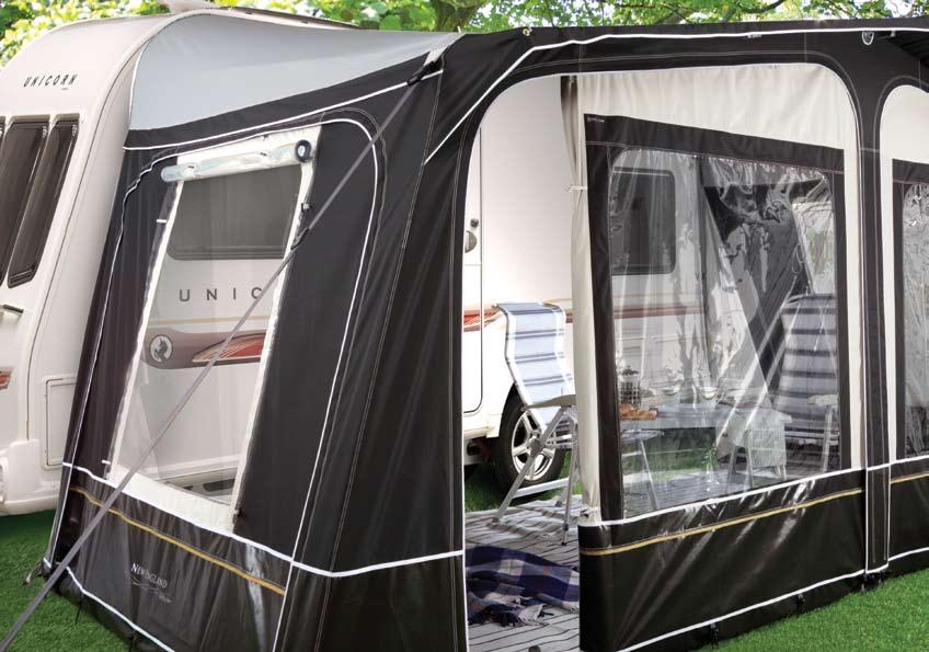 New England Product Features Awning - One piece roof no seams in roof. - Full flyscreen in one sidewall. - Mudwall can be pegged inside. - Canopy has support ridge pole.
