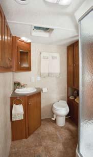 A roomy shower and porcelain toilet are complimented with a lighted vanity mirror.