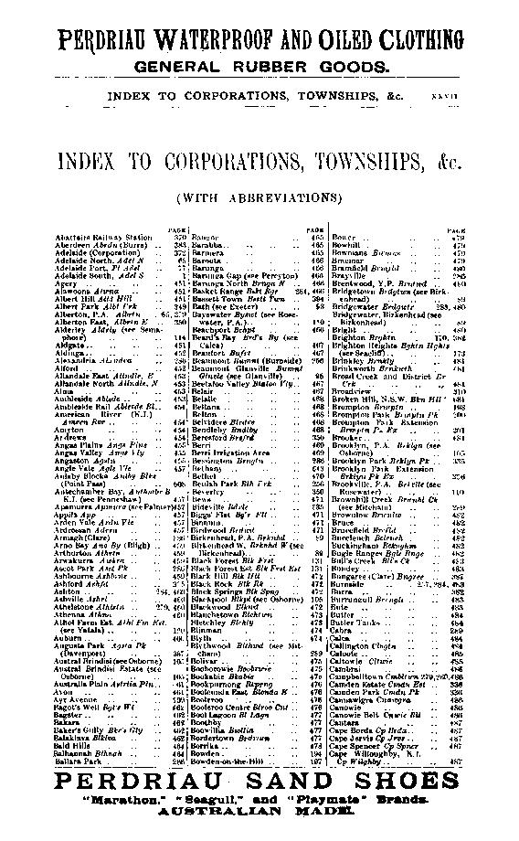 PBRDRIAO WATERPROOF ANDOILED CLOTHING GENERAL RUBBER GOODS. INDEX TO CORPORATIONS, TOWNSHIPS, &c. x2v11 INDEX TO CORPORATIONS, TOWNSHIPS, &c. (WITH ABBREVIATIONS) I Abatt.irs Railway Station.
