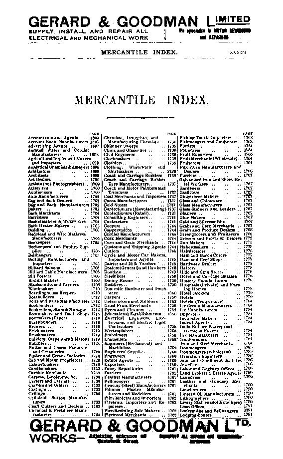 GERARD & -GOODMAN LIMITED SUPPLY. INSTALL AND REPAIR ALL We epeet a In IIOTMM REIMS ELECTRICAL AND MECHANICAL WORK 1W REPAIRIRR MERCANTILE INDEX. XXXIII MERCANTILE INDEX. Accountants and Agents.