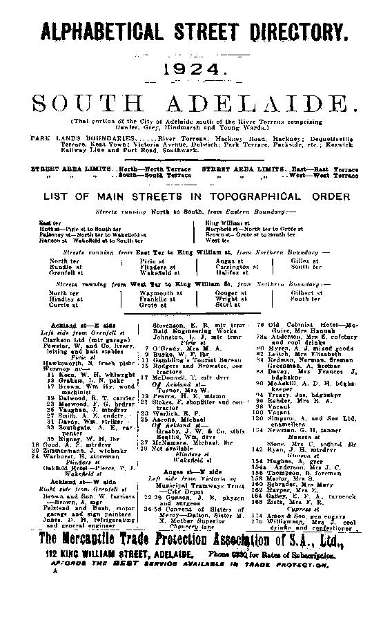 ALPHABETICAL STREETWRECTORY SO IT TH 1924. ADELAIDE. (That portion Si the City of Adelaide south of the River Torrens comprising Gawler, Grey, Hindmarsh and Young Wards.) PARK LANDS BOUNDARIES.