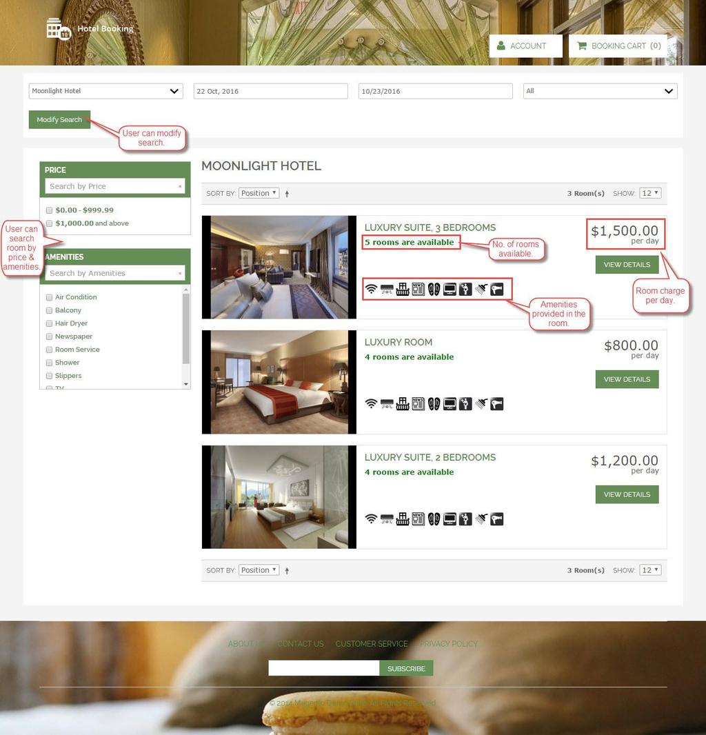 In the View Details page, you can see info like room name, check-in date, requested days, available rooms. In the booking option, you can either go for pre-booking or make full payment.