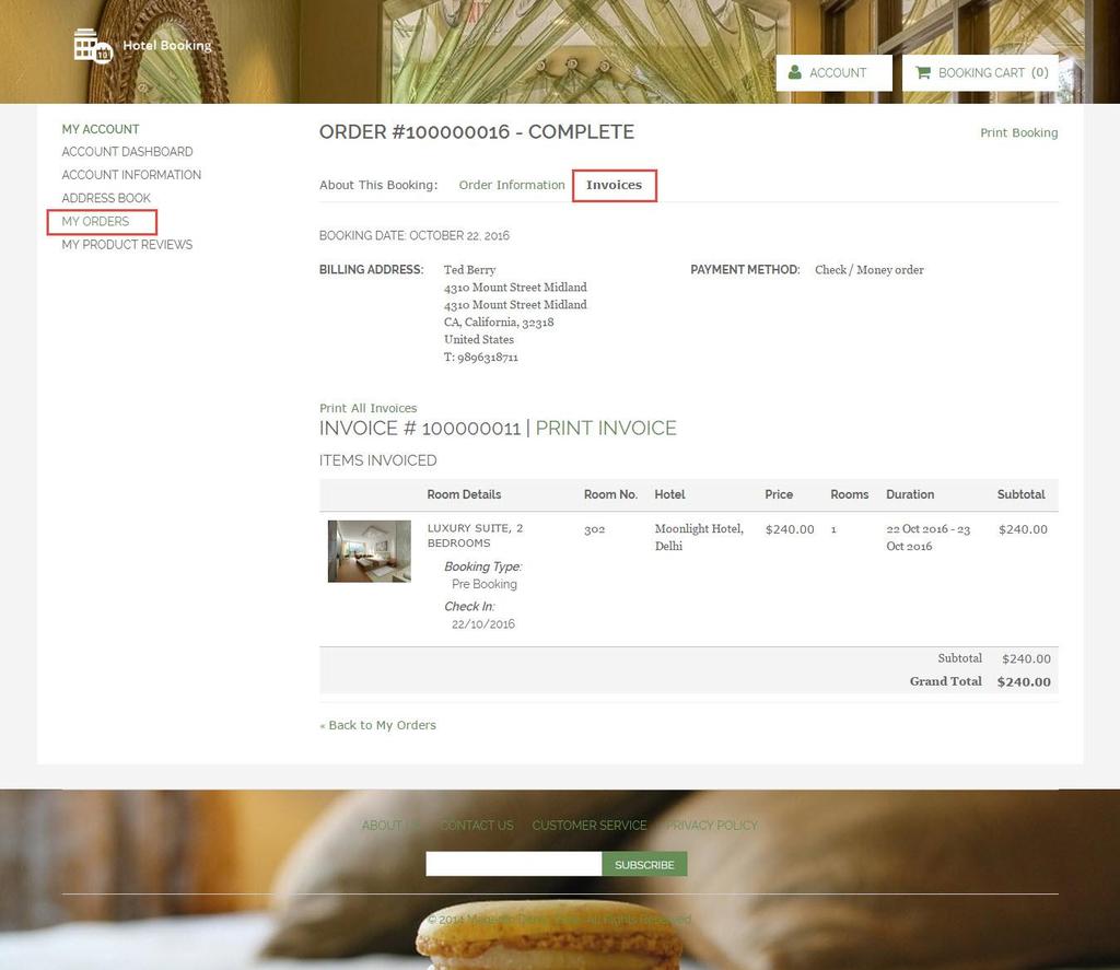 Workflow from the back-end Admin can see the booked rooms under View Booking.