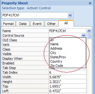generate a barcode for each data record automatically, there is an arrow on the right side of the "Control Source" property, click on the arrow, a list opens with all fields,
