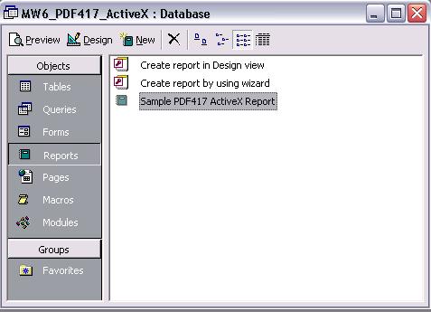 26 MW6 PDF417 ActiveX Manual 5.3 Access 1. Open MW6_PDF417_ActiveX.mdb, select "Sample PDF417 ActiveX Report". 2.