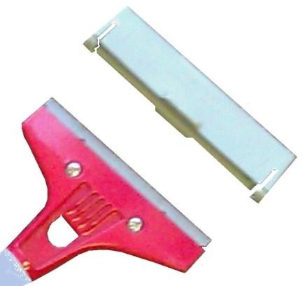 attached to a tapered handle. 4 wide replacement blades are available.