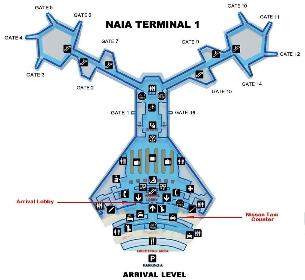 MAP TO NISSAN TAXI RENTAL - NAIA TERMINAL 1 Arrival and pick-up instructions for passengers arriving at NAIA TERMINAL 1 After