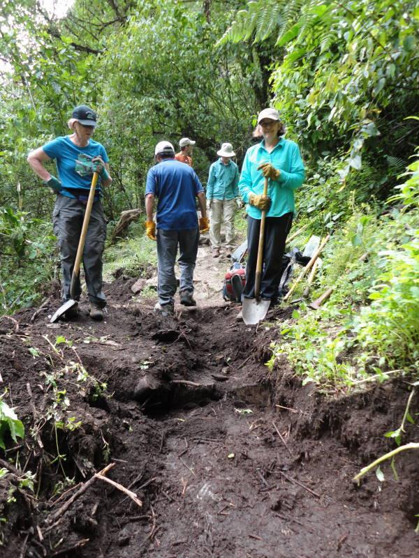 saws. Volunteers removed unwanted vegetation and invasive species within the trail tread, and cleaned the seating and resting areas of vegetation and moss.
