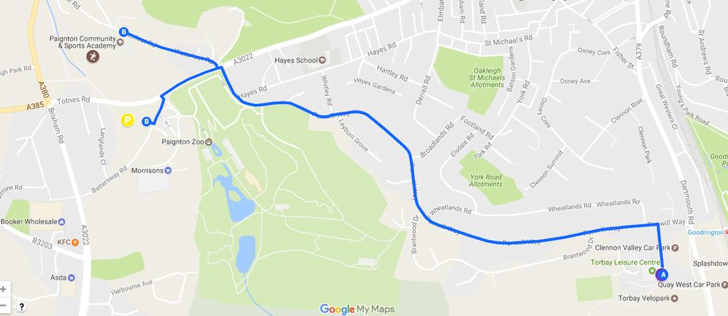 Route between venues Route From Torbay Leisure