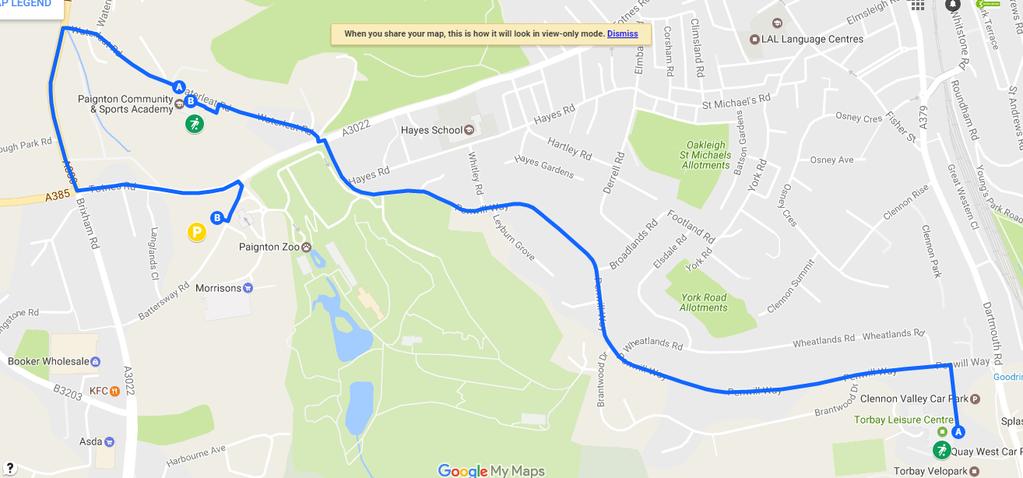 Route from Torbay Leisure Centre to Drop Off Point Paignton Academy - Drop Off Point The drop off point is directly outside the Paignton Academy main entrance on Waterleat Road.