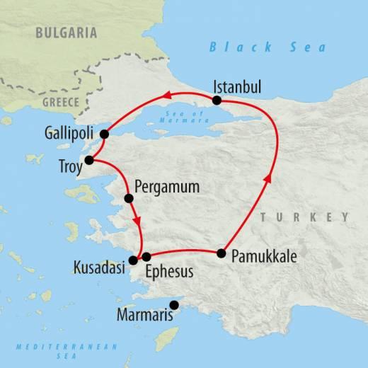 Plus take in the highlights of Turkey en route, from the old city of Istanbul and fabled Troy to the ruins of Ephesus and thermal pools of Pamukkale.