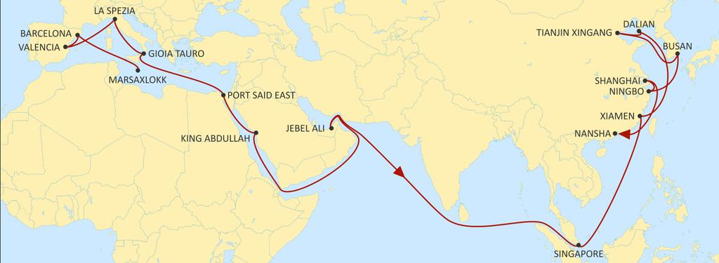 ASIA MEDITERRANEAN JADE EASTBOUND Fast West Mediterranean service to Red Sea, Middle East and Asia. Excellent reefer service to Middle East.