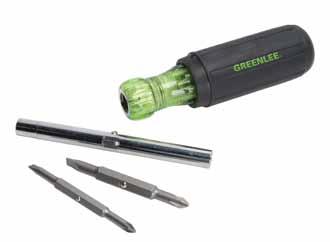 www.greenlee.com 9-In-1 Multi-Tool Driver Versatile multi-bit screwdriver, 9 tools in one. Drive hex nuts, Phillips, Square-recess and slotted fasteners.