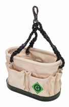 = new product = Replacement Part = Accessory B = Bare tool lineman buckets and bags 22 Pocket Oval Bucket 18 oz Heavy-duty canvas Molded plastic base and top ring