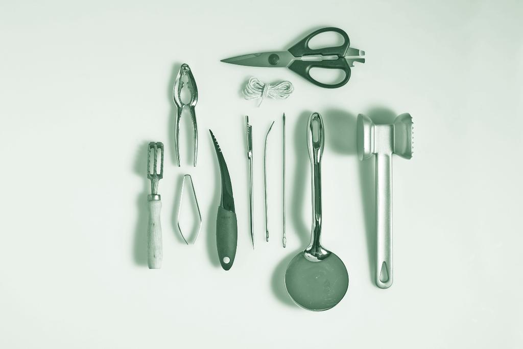 BELOW, CLOCKWISE FROM LEFT Fish scaler, lobster cracker, scissors (shears) and string, meat mallet (tenderizer), meat pounder (for cutlets, etc.