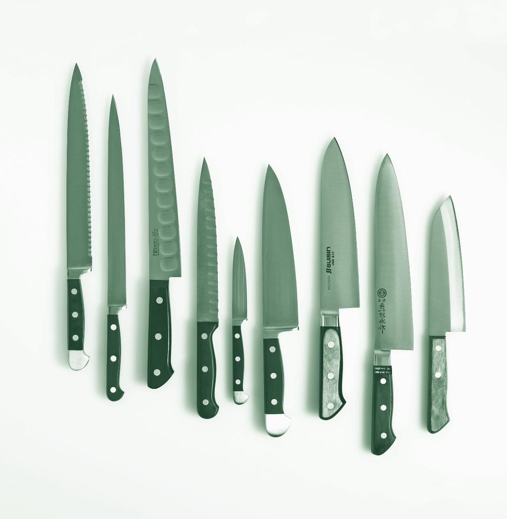LEFT TO RIGHT Serrated slicer, sujihiki (slicer), two utility knives (the first one with
