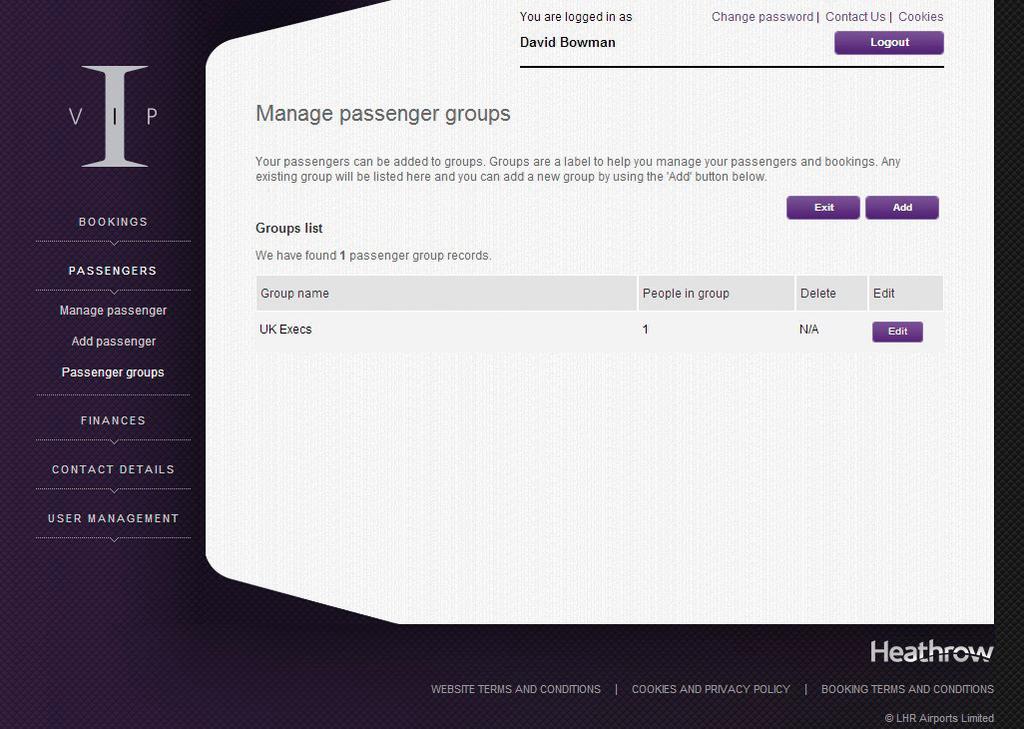 Passenger groups Clicking on Passenger groups in the left hand menu under Passengers displays the following screen.