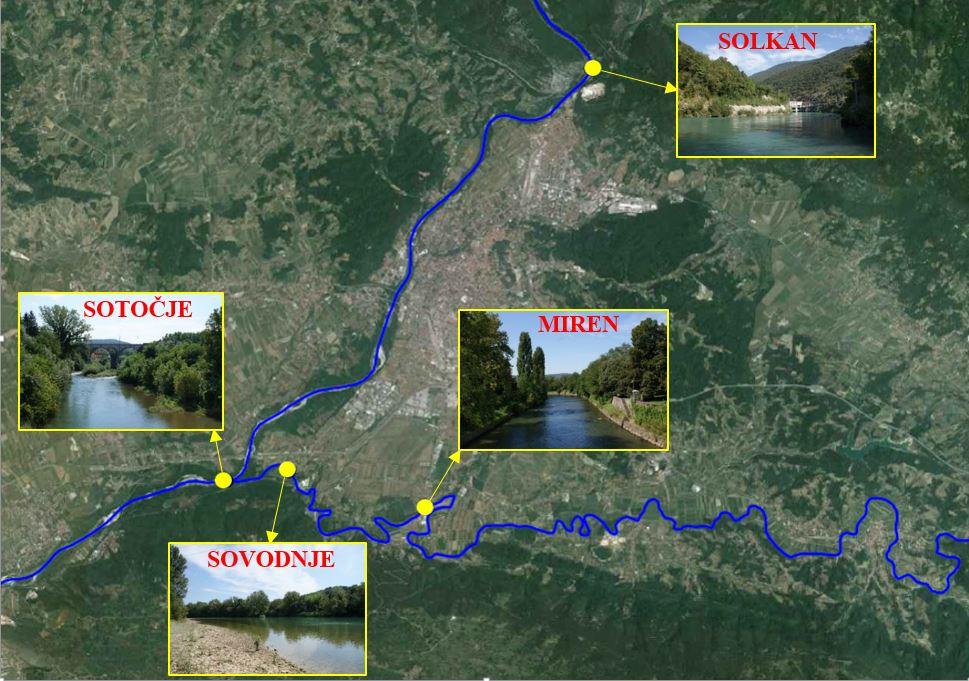 Slika 10: Sotočje Soče in Vipave, Sovodnje ter vodomerni postaji v Solkanu in Mirnu. Figure 10: Confluence of the Soča and Vipava rivers, Sovodnje and gauging stations in Solkan and Miren.