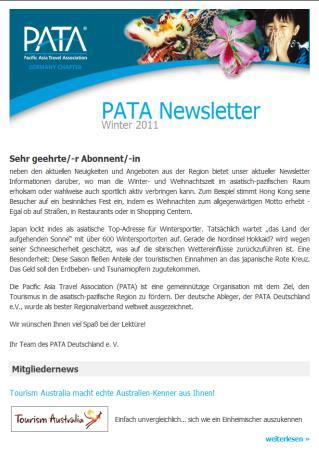 2.2 Work on Behalf of PATA, Trade and Media 2.2.1 e-newsletter to Members, Travel Agents and Media Since 2007, we have been e-mailing an electronic newsletter once a month to an extensive data base