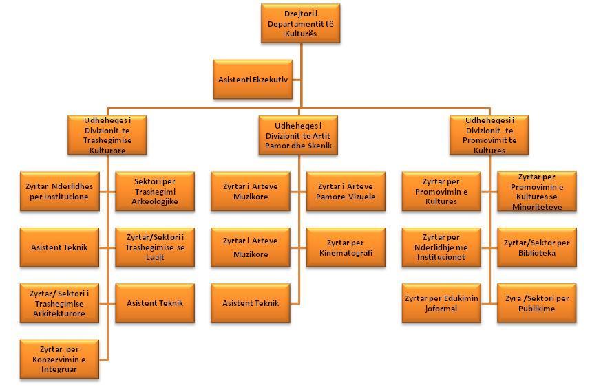 Figura 1: Struktura e brendshme e Departamentit të Kulturës (2009) Struktura e brendshme dhe ndarja e funksioneve Struktura e brendshme e DK përbëhet nga tri divizione: 1) Divizioni Trashëgimisë