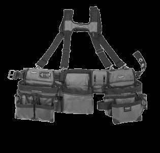 waist Barrel-bottom, super capacity pouches Single body construction Reinforced pouch bottoms Padded back support belt Adjustable pouch system Speed square