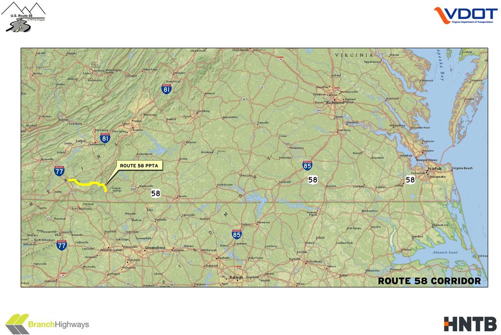 Existing Route 58 Key Areas to Complete Rt-58 Corridor From I-77 to Norfolk CROOKED OAK SECTION VESTA & LOVER S LEAP SECTION SEE ROUTE 58 PPTA CORRIDOR ENLARGEMENT Upgraded Modern Four-Lane Highway