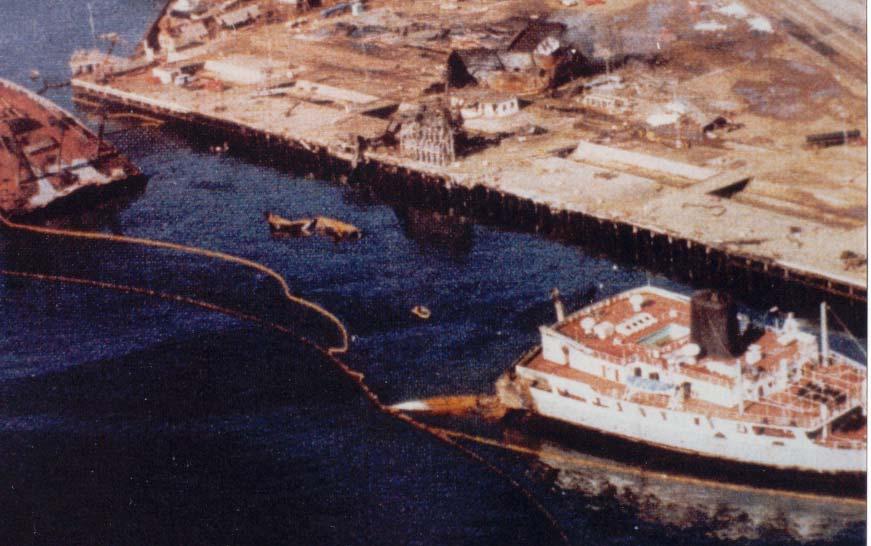 The Tanker SANSINENA The Tanker SANSINENA exploded, burned and sank at berth No. 46, Los Angeles, California. The SALVAGE CHIEF was dispatched to undertake this major harbor clearance task.