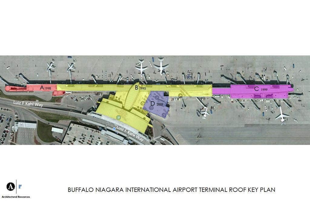 Terminal Roof Replacement Areas A, B, and C Note: Ages shown on map reflect the opening date of that