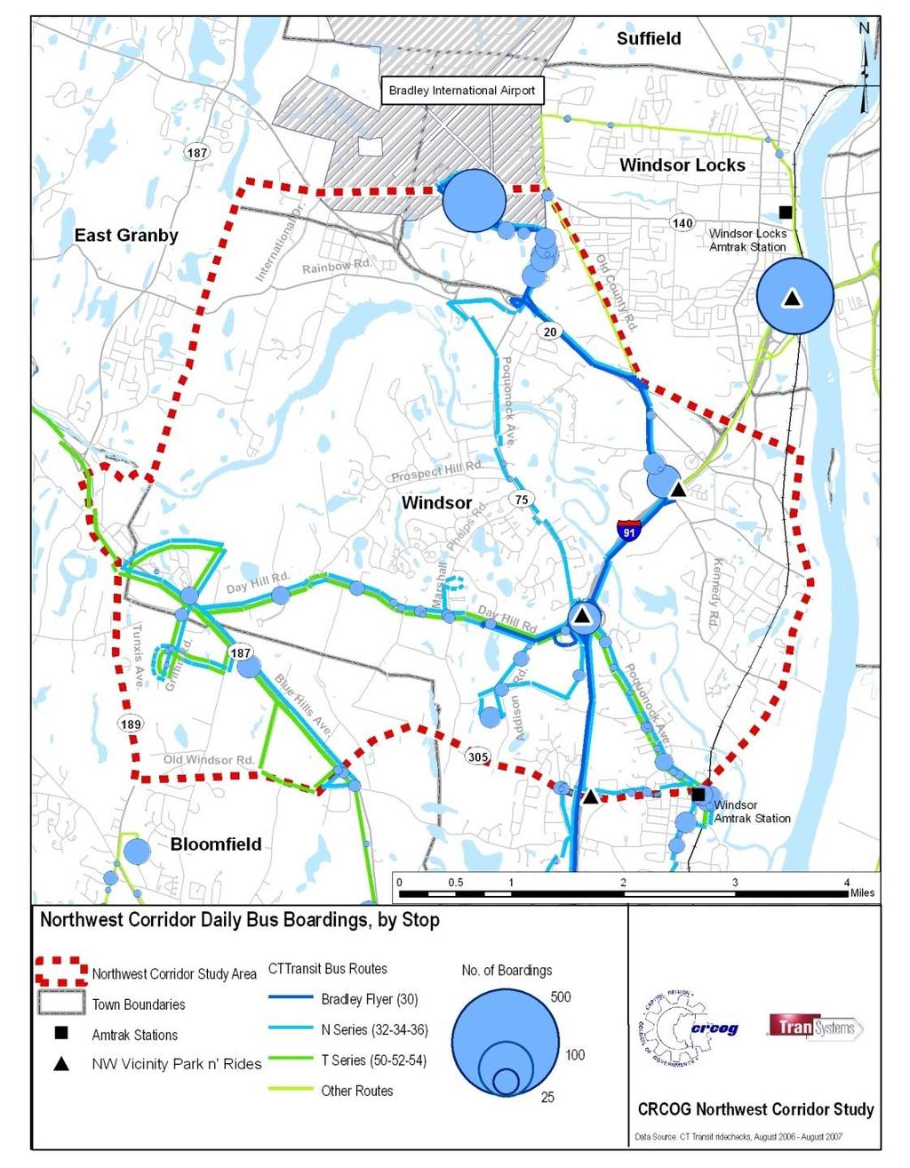 Existing CT TRANSIT Bus Boardings Existing weekday bus boardings Heaviest boarding locations at Bradley Airport and Exit 42 Park & Ride (several hundred boardings/day each)