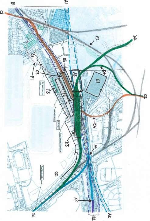 Suggested layout for Old Oak Common Key A HS2 (Light Blue) E Depots A1 A2 A3 A4 A5 Alignment of HS2 HS2 station box (Level 1) HS2-WLL Junction (Old Oak Common Westway Circus) HS2-Crossrail Junction