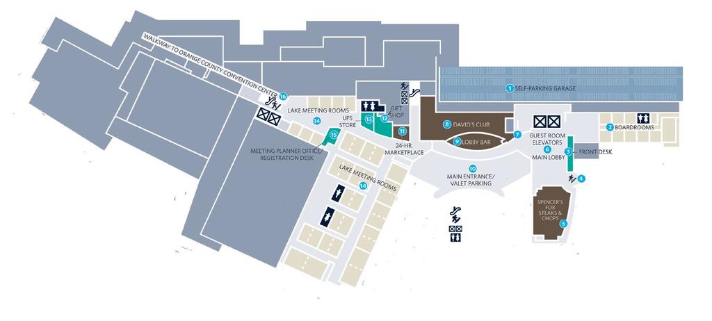 Click Here to Download Hotel Map HOTEL LAYOUT HILTON ORLANDO KEY Escalator LOBBY LEVEL (L) 1 Self-Parking Garage 2 Boardrooms Stairs 3 Front Desk LOBBY LEVEL (L) Elevators 4 5 Grand Staircase Spencer