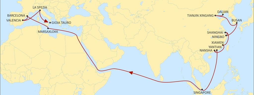 ASIA MEDITERRANEAN JADE WESTBOUND Extensive port coverage in Asia including new direct calls to Dalian & Xingang. Best transit times to Spain with widespread port coverage.