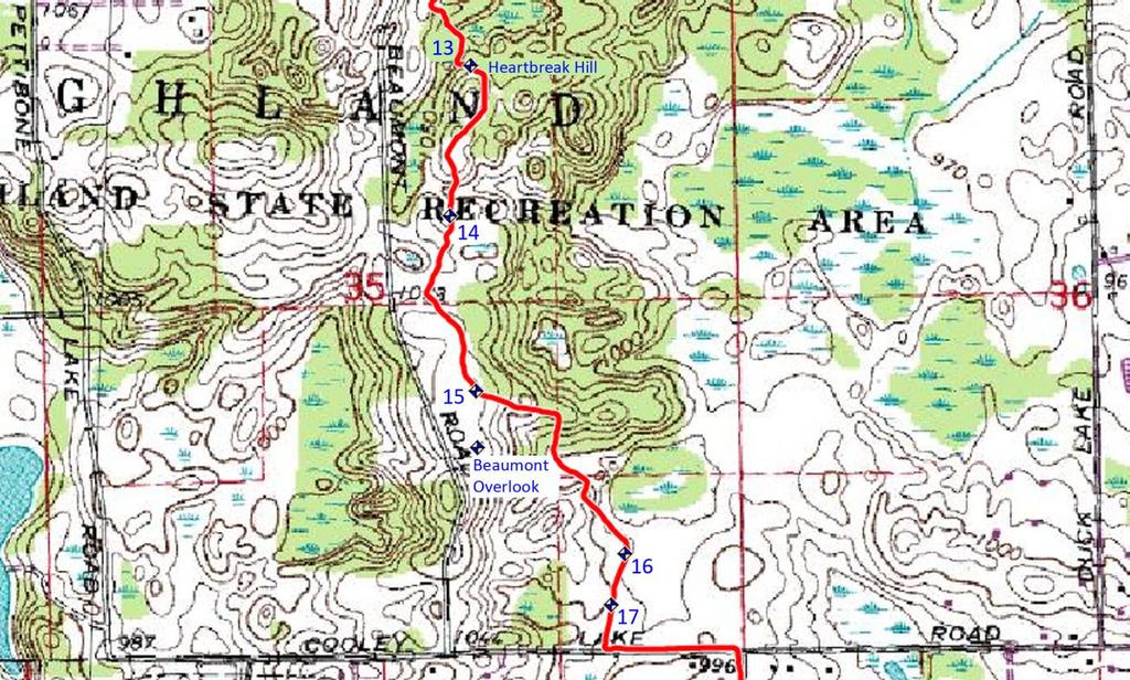CPT 1 st Day, Heartbreak Hill to Cooley Lake Road Dog Training Area (CPT Trek Map #3) 13. SE From the peak proceed southeast, then south to the dog training area (400m). 14.