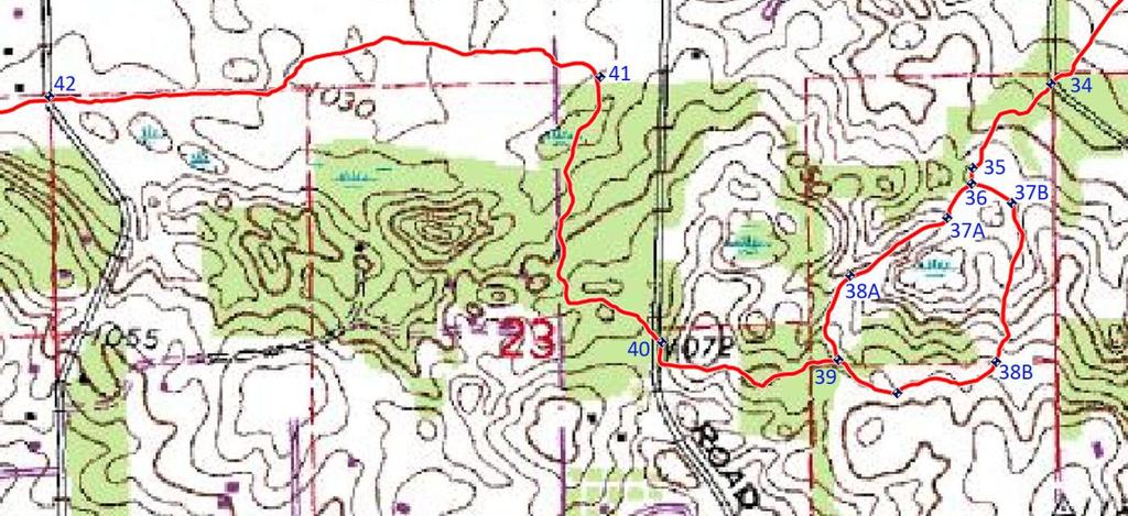 CPT 2 nd Day, Childs Lake Road to Old Plank Road to South Hill Road (CPT Trek Map #8) 34. SW The trail continues southwest from Childs Lake Road through a meadow to the next intersection (210m). 35.