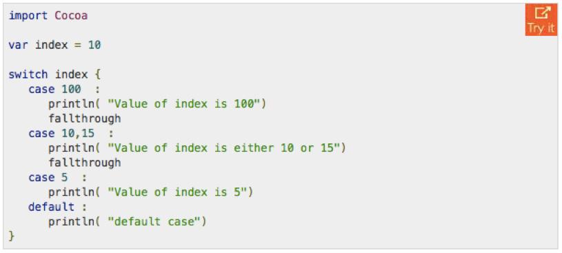 Sada ćemo dati primjer switch naredbe u Swiftu sa korištenjem fallthrough naredbe: 3.9.