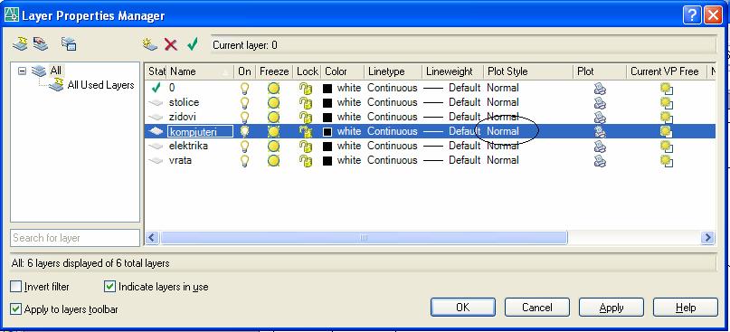 Vežba Izabrati Format-> Layers ili alat Layer Properties Manager (slika gore) da se otvori dijalog Layer Properties Manager