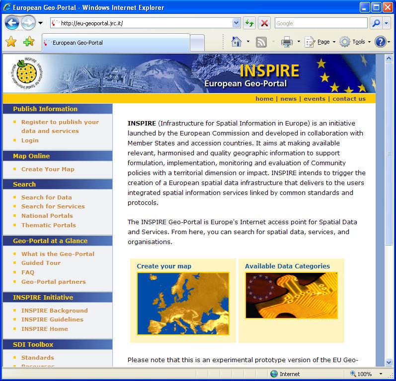 Inspire geo-portal Jedan primer GIS portala je Inspire geo-portal organizovan na nivou Evropske Unije (http://eugeoportal.jrc.