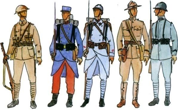 Slika 7: angleški pešec (1914-1918), francoska pešca (1914-1918), ameriški pehotni oficir (1917-1918), italijanski pešec (1915-1918); oficirji in podoficirji letalstva jugoslovanske vojske (vir:
