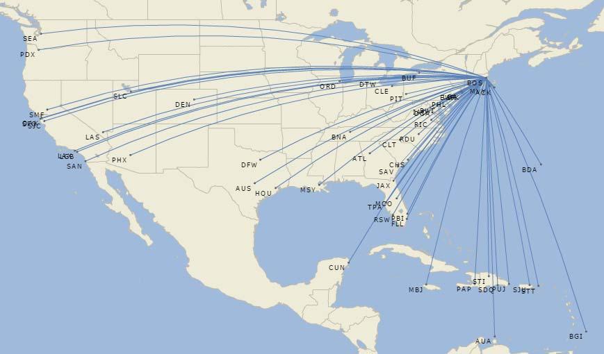JetBlue at Boston serves 55 destinations, providing great