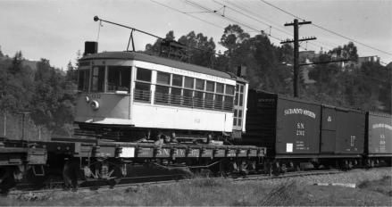 1948-1951 Bay Area Electric Railway Association Birney #62 did not stay in Chico for long. In March of 1948, it was loaded on a Sacramento Northern flatcar and delivered from Chico to Oakland.