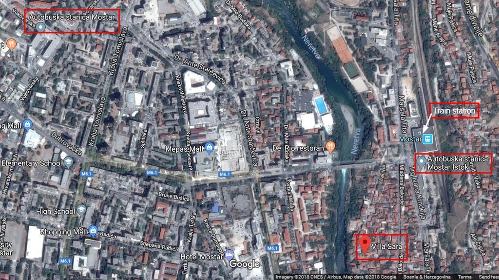 For you to have a better insight, here is how it looks in Mostar! Here's a map with rounded stations anf the Hotel where you will be staying.