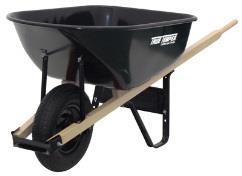 70 True Temper, 6 CUFT Wheelbarrow, Polyethelyne Tray, 16" x 4" Pneumatic, 2 Ply Rated Tire, Wheel Size 8", Oil Lube Bearings, Wood Handles, Replacement Wheels Are From Gleason Industrial, 6" Hub,