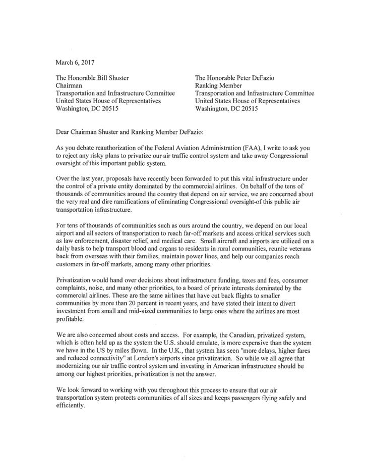 Mayors Letter For tens of thousands of communities such as ours around the country, we depend on our local airport and all sectors of transportation to reach far-off markets and access critical