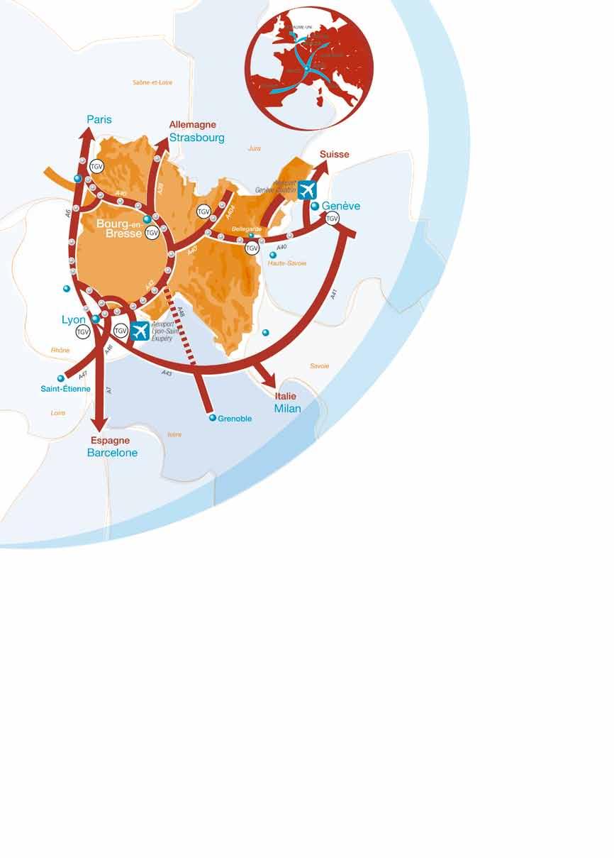 TGV stations close at hand throughout Ain :: 1 h 50 from Paris (5 direct TGVs per day between Bourgen-Bresse and Paris) :: 2 hrs 35 from Marseille OTCP :::: Fibre optic coverage for the whole county