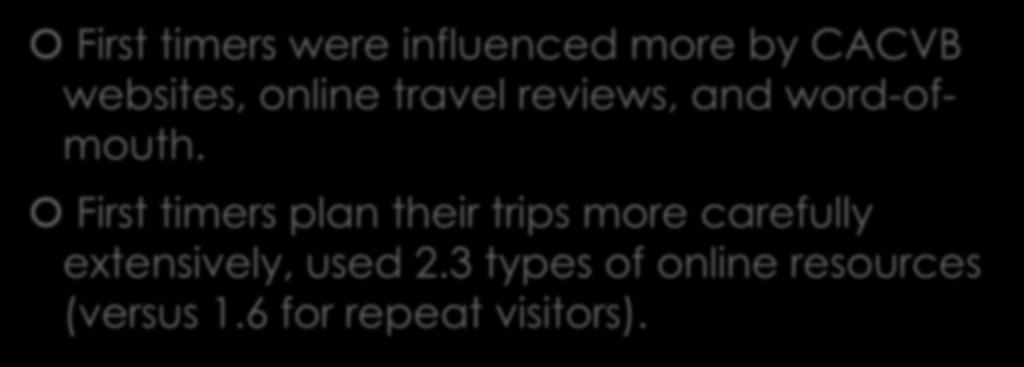 Travel Planning Behavior? First timers were influenced more by CACVB websites, online travel reviews, and word-ofmouth.