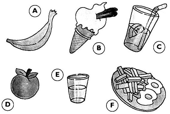 REVISION TEST 3º Course Name Class 1.- Match the words with the pictures Apple D 1.- Egg and chips 2.- Orange juice 3.- Banana 4.- Ice-cream 5.- Water 2.- Draw a monster according to the description.