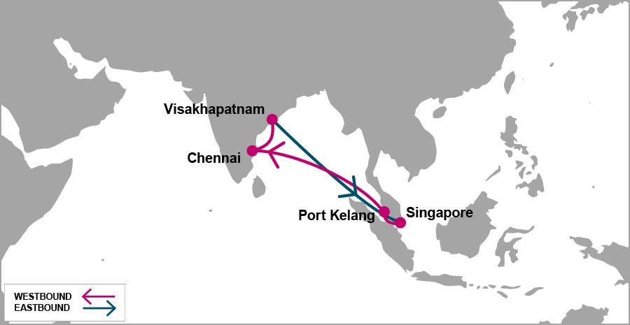 SVX: Straits Visakhapatnam Express Singapore WED/THU Port Kelang FRI/SAT Chennai WED/THU Visakhapatnam FRI/SAT Singapore WED/THU Turnaround days: 14 W/B PKG MAA VTZ E/B